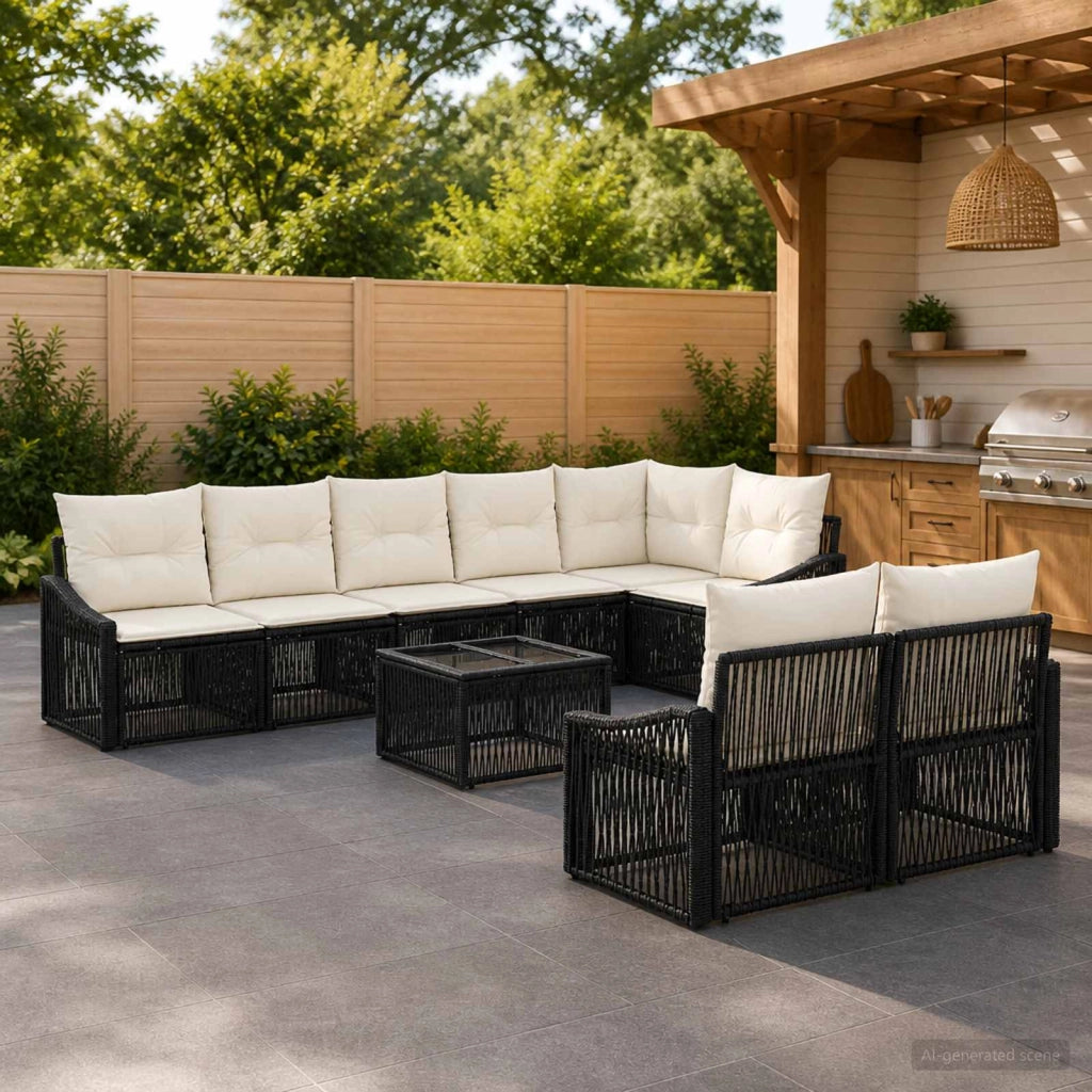 Set Divano da Giardino 9 pz Nero polyrattan 3436069