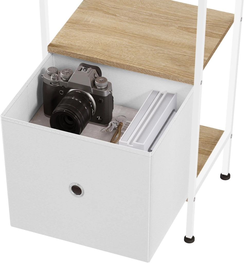 Libreria a 5 Piani, Scaffale ad Angolo Alto, Libreria Stretta con 1 Cassetto, Stile Moderno, Struttura in Acciaio, per Soggiorno, Ufficio, Studio, Camera da Letto, Rovere Chiaro+Bianco