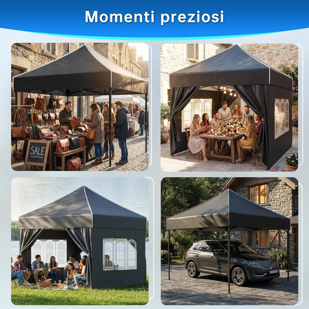 Gazebo 3 x 3 impermeabile, stabile, resistente all'inverno, altezza regolabile, gazebo pieghevole con 4 pareti laterali, protezione UV 50 +, per giardino, cortile, campeggio, gazebo nero