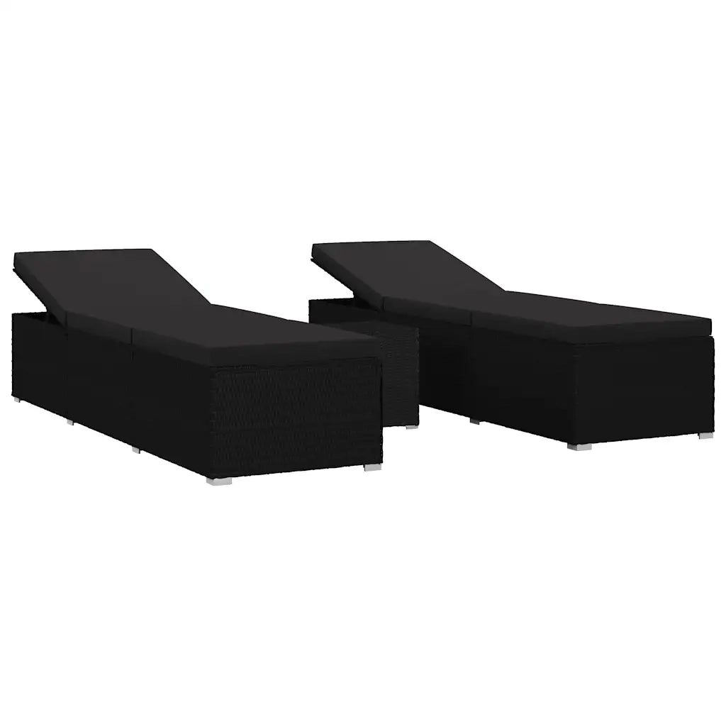 Lettini da giardino con cuscino 3 pcs Nero Poly Rattan 46223