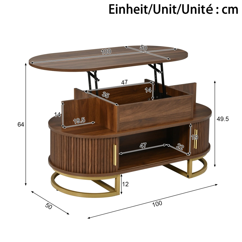 Tavolino da caffÃ¨ ovale 100x50x64 cm con piano sollevabile e vani in MDF noce
