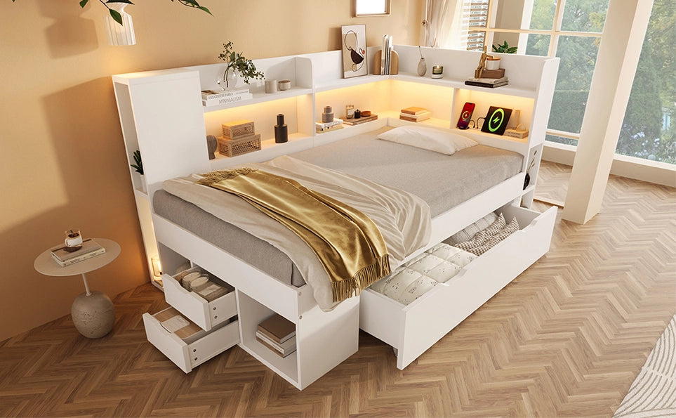 Letto giorno 90x200 cm bianco con LED, USB e Type-C, con cassetti, ripiani e materasso incluso