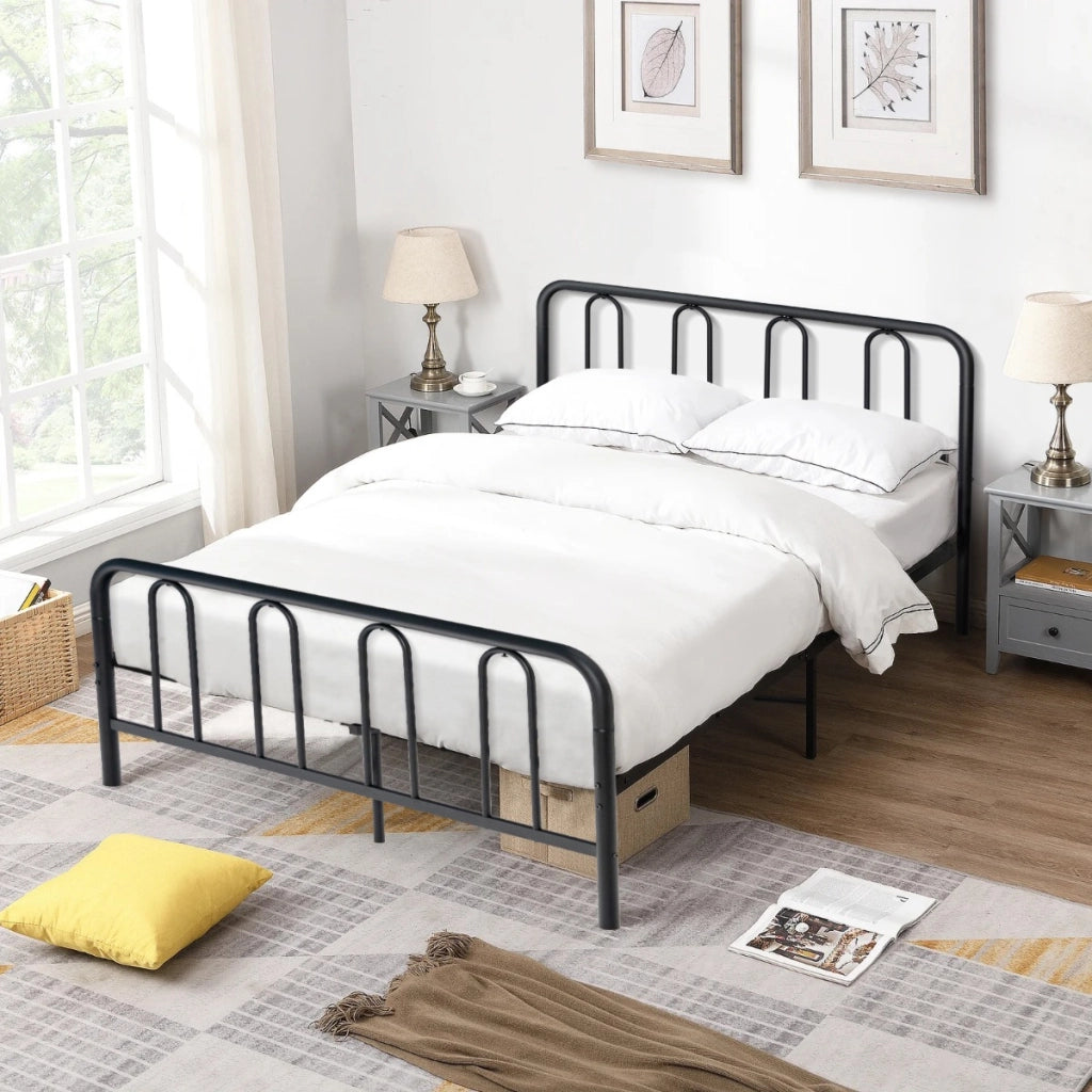 Struttura letto in metallo con testiera e pediera-Giroletto supporto per materasso con doghe in acciaio 209x144x101cm Nero