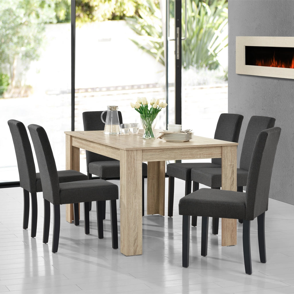 Set da Pranzo Tavolo Rettangolare con 6 Sedie Imbottite - Effetto Rovere Sbiancato/Grigio [en.casa]