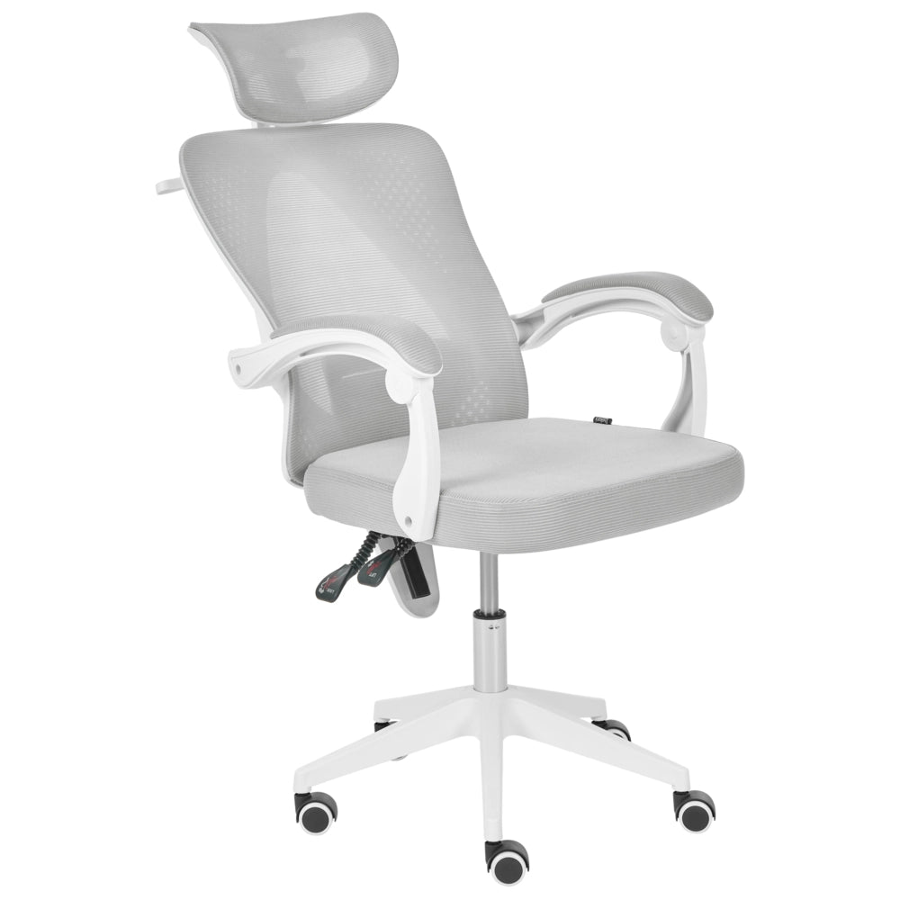 Sedia da ufficio grigio chiaro in rete, base girevole, altezza regolabile, braccioli, poggiatesta, per ufficio domestico, moderna