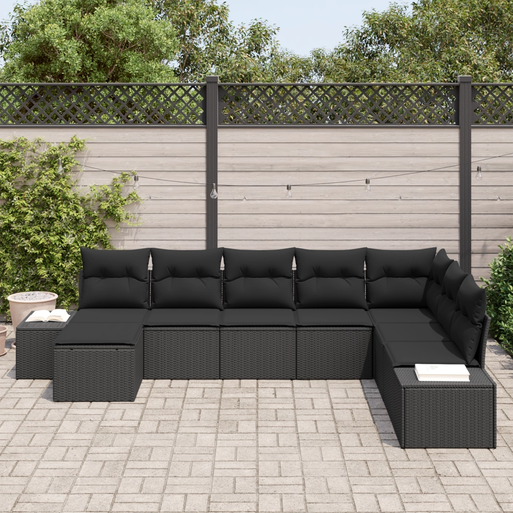 Set di divani da giardino a 8 pezzi con cuscini in polirattan nero