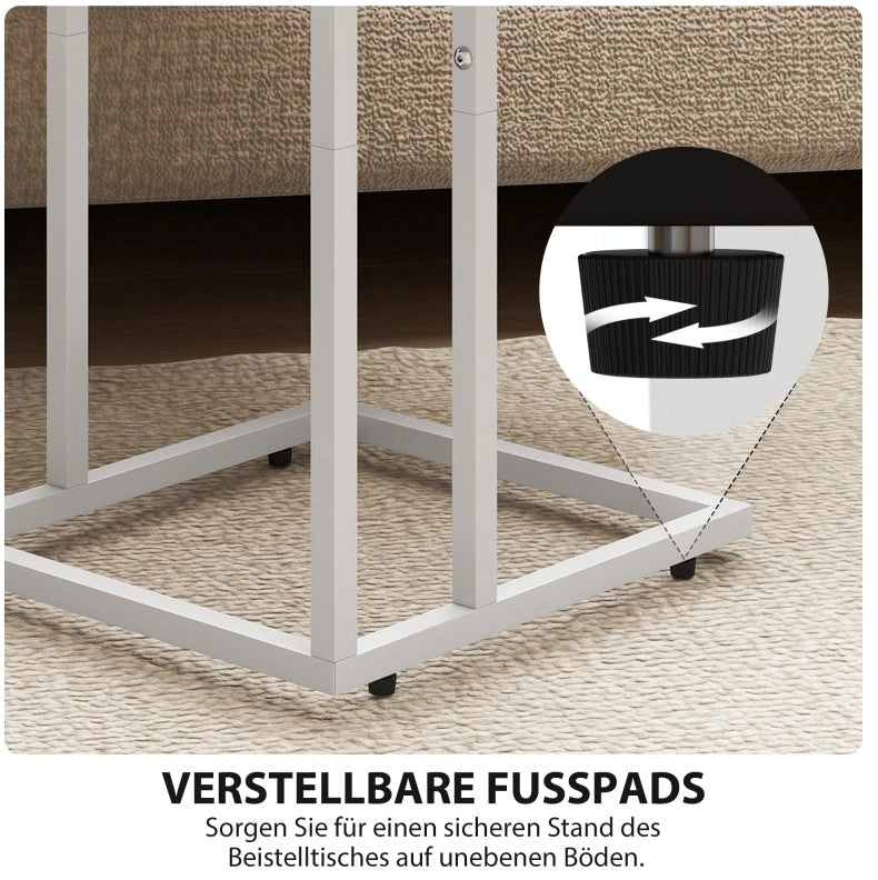 Tavolino a C pieghevole con ricarica USB, bianco e legno