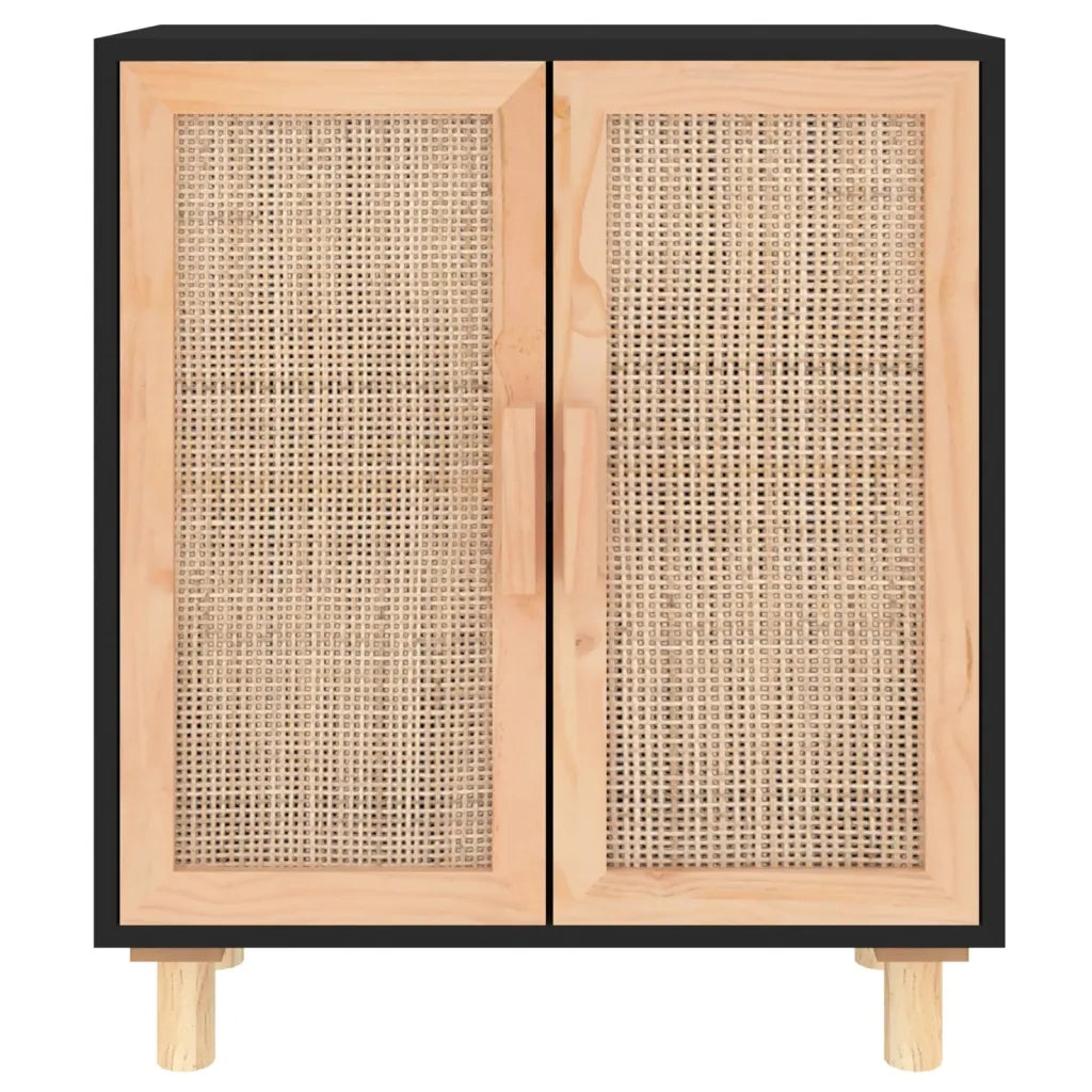 Credenza Nera 60x30x70 cm Legno Massello Pino e Rattan Naturale 345631