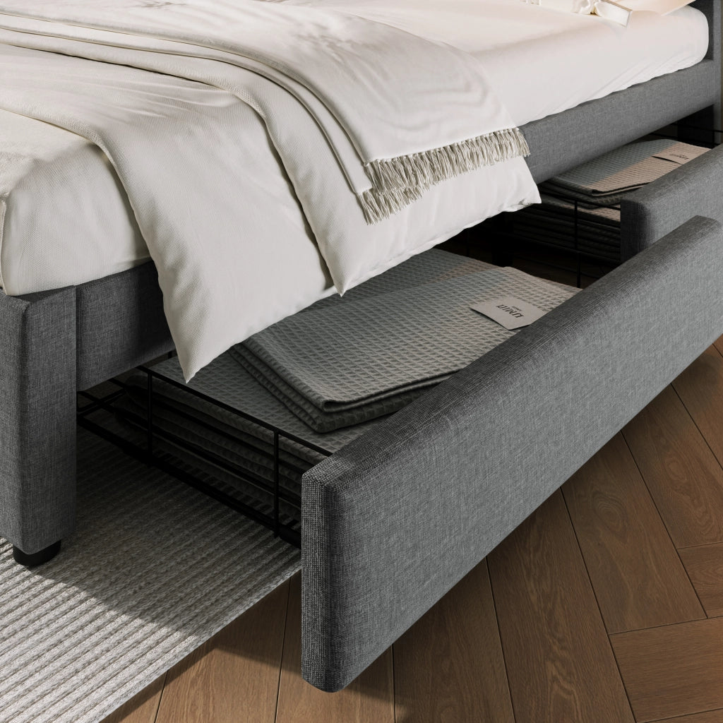 OKWISH Letto con Cassetti Letto Matrimoniale, 4 Cassetti, USB, Tipo C e Prese, 140×200 cm, senza Materasso, in Lino, Grigio