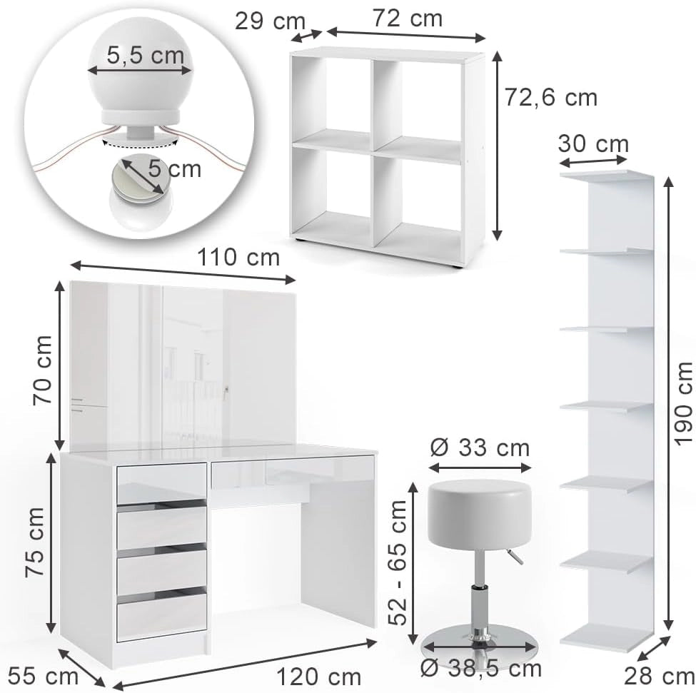 Tavolino da toilette Sherry, Bianco, 5 pezzi, con ripiano portaoggetti, ripiano in piedi, specchio, sgabello, LED, adatto per l’uso quotidiano con telaio stabile