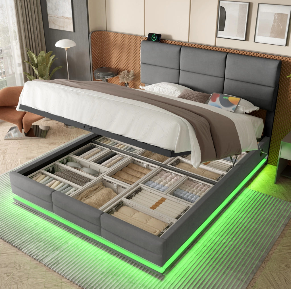 Letto 180x200 cm con contenitore; LED e USB in velluto grigio scuro