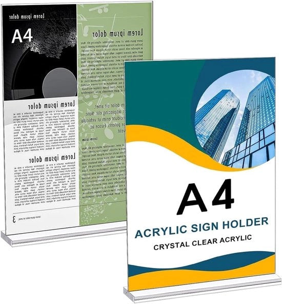 Set di sostegni per tavolo trasparenti - Supporti per biglietti di prezzo in acrilico - Set da 2 - Sostegni T per pubblicità - Carte dei menu - Brochures - Supporti per foto - Adatti per formati A4 - Trasparenti 21 x 29,7cm.