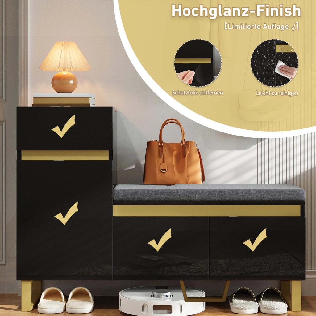 Scarpiera multifunzione con panca e cuscino; 120x35x85 cm; MDF nero lucido con dettagli oro