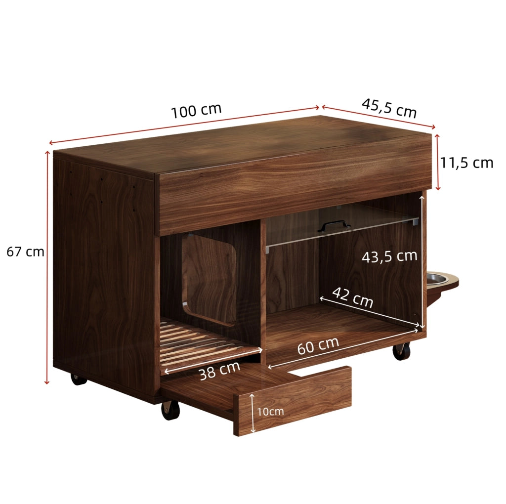 Mobile per lettiera per gatti 100x45.5x67 cm con cassetto e sportello in acrilico; noce