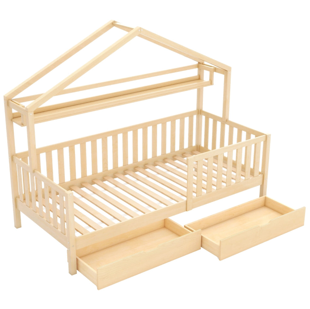 Letto a casetta per bambini 90x200 cm con cassetti; legno; colore naturale (Senza materasso)