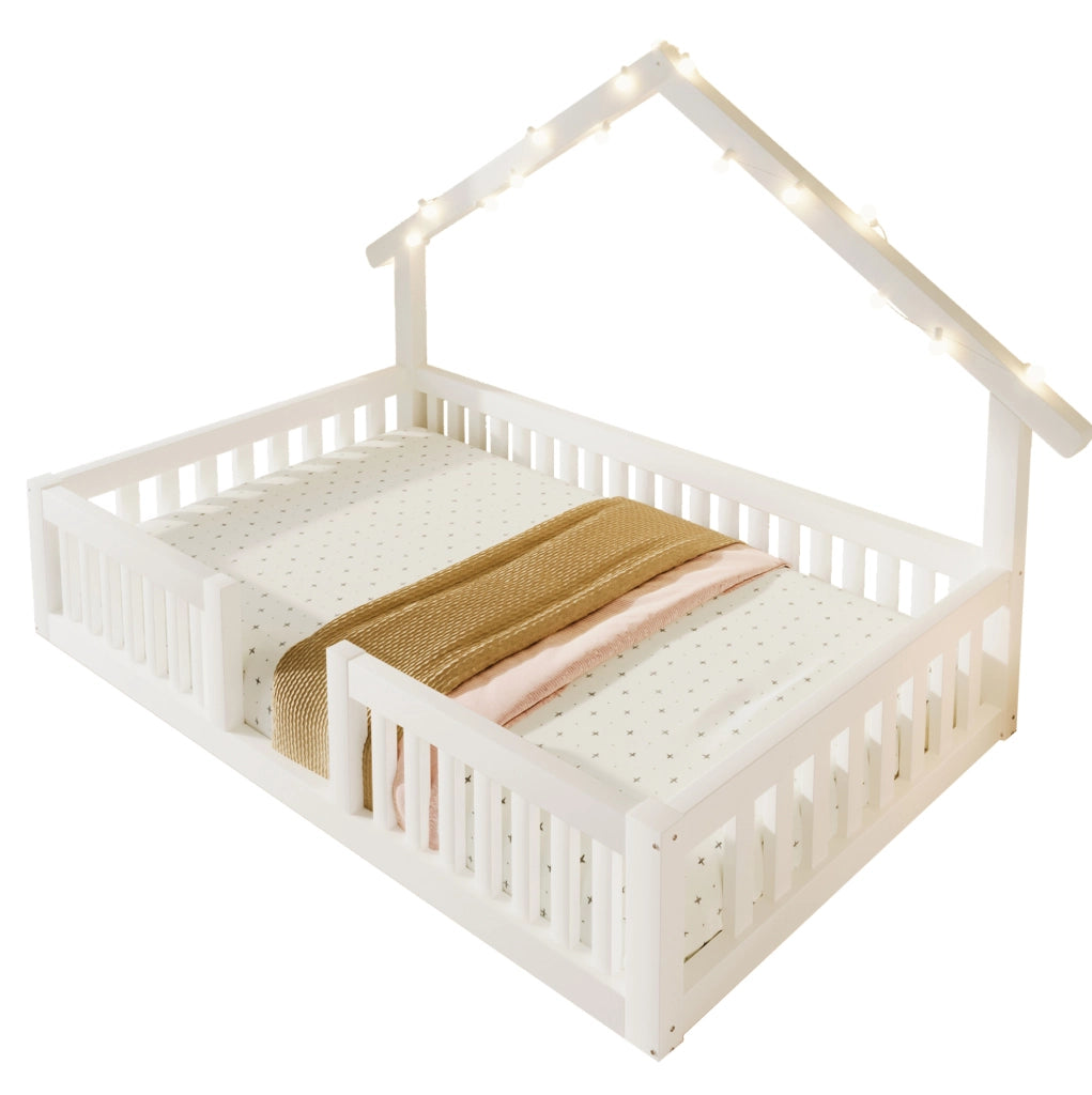 Letto a casetta per bambini con barriera di sicurezza e luci LED; 90 x 200 cm; bianco