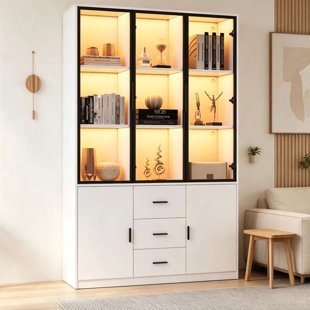 Vetrina alta 120x30x200 cm in truciolare bianco con LED RGB; 3 cassetti e 5 ante