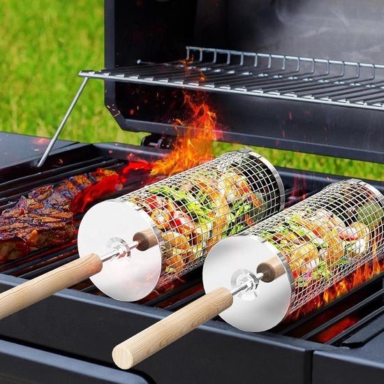 Set di Cestini Rotolanti per Griglia a 2 pezzi - 24cm x 10cm - Reticolo per Verdure per Griglia all'aperto - Accessori per BBQ in Acciaio Inox a Cilindro