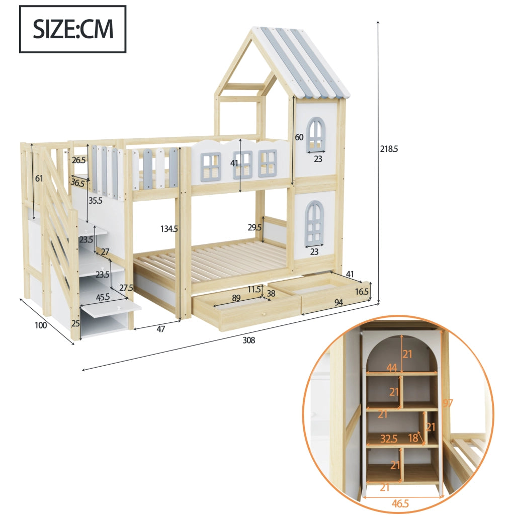 Letto a Castello 90x200 cm; Letto 2 Posti - Casetta con Finestre; Scala contenitore - Bianco