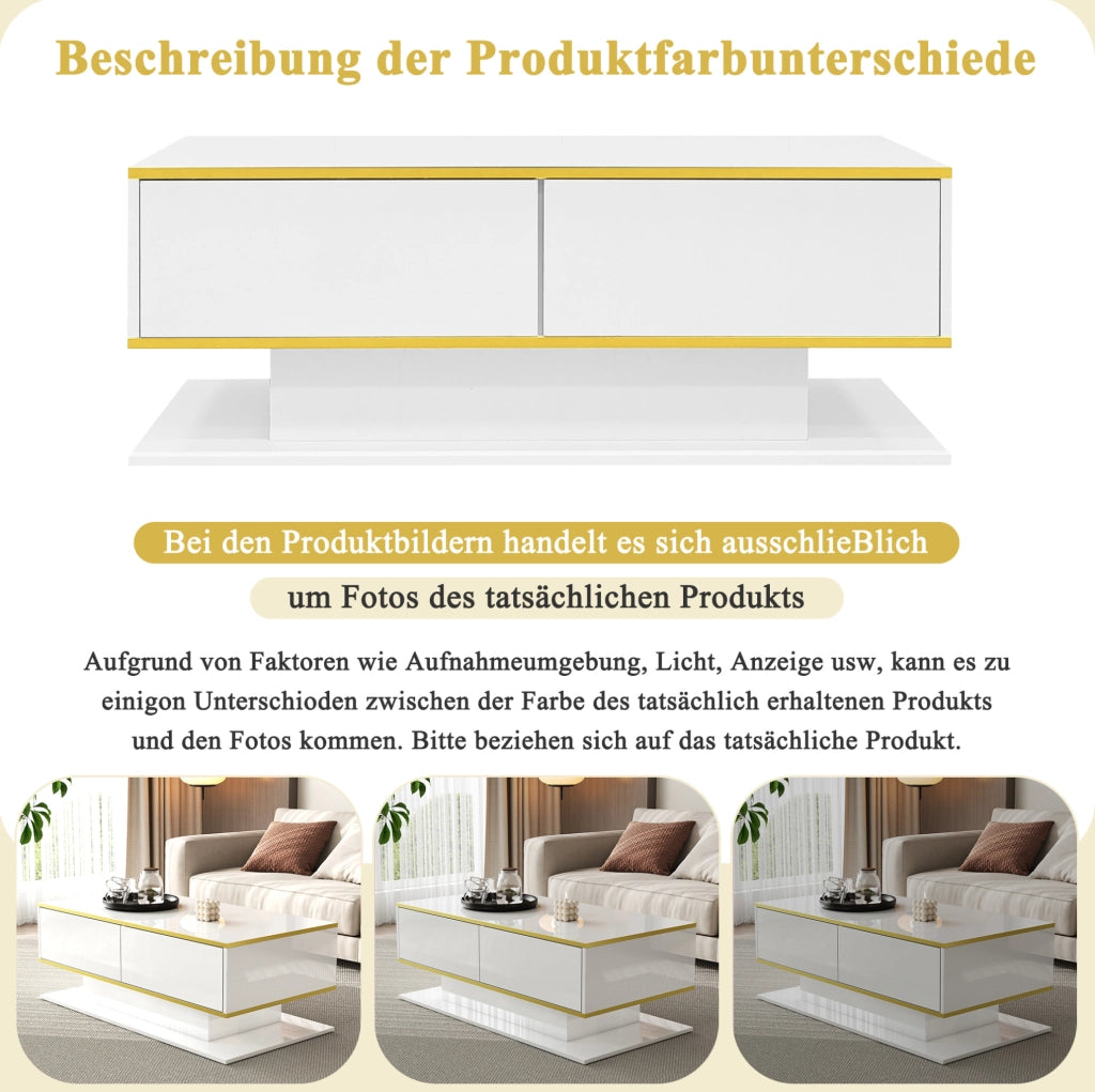 Tavolino da caffè con LED e 3 cassetti 100x50x40 cm in truciolare bianco con dettagli oro