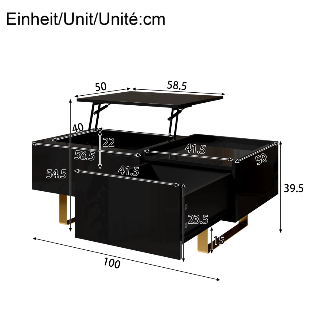 Tavolino da caffè 100x50x54.5 cm sollevabile con cassetto e vano contenitore in MDF nero