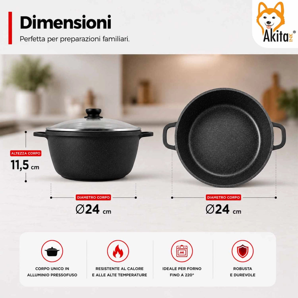 Akitaink Casseruola Alluminio Pressofuso Coperchio in Vetro 24 cm