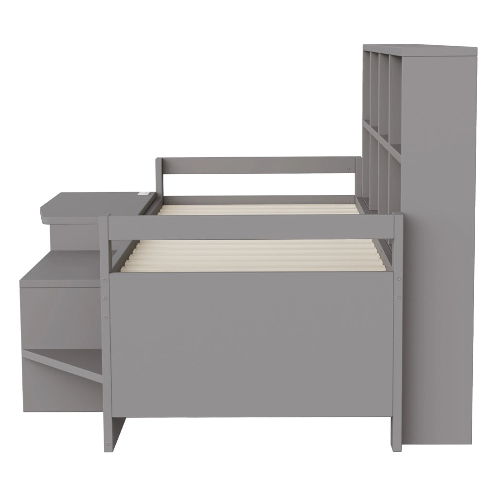 Letto a soppalco per bambini 90 × 200 cm con scrivania, vani portaoggetti, LED, USB e presa, senza materasso