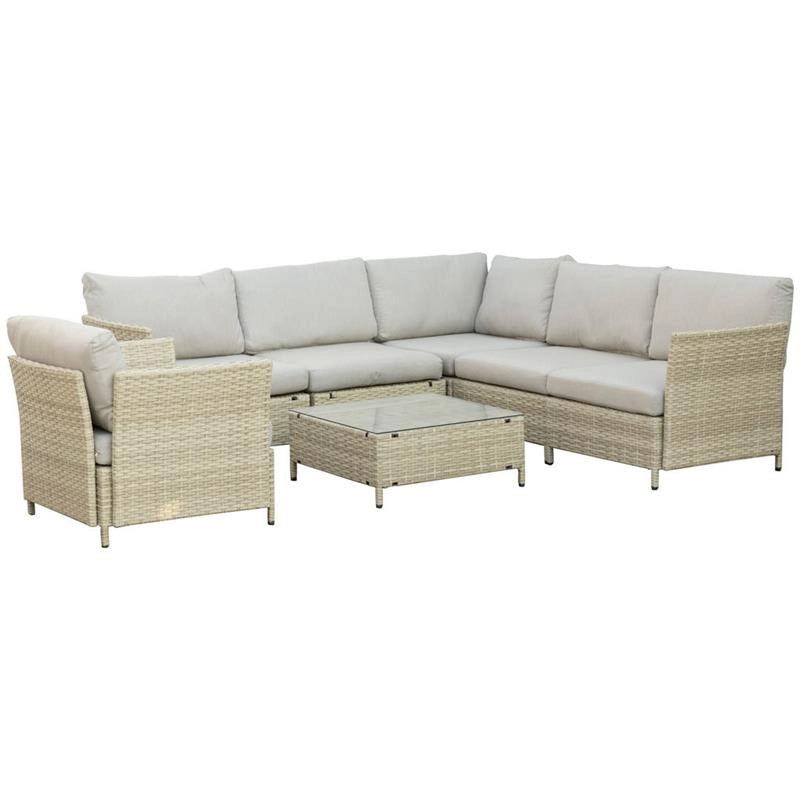 SALOTTO DA GIARDINO 7 PEZZI MODULABILE IN RATTAN PE CON CUSCINI, BEIGE