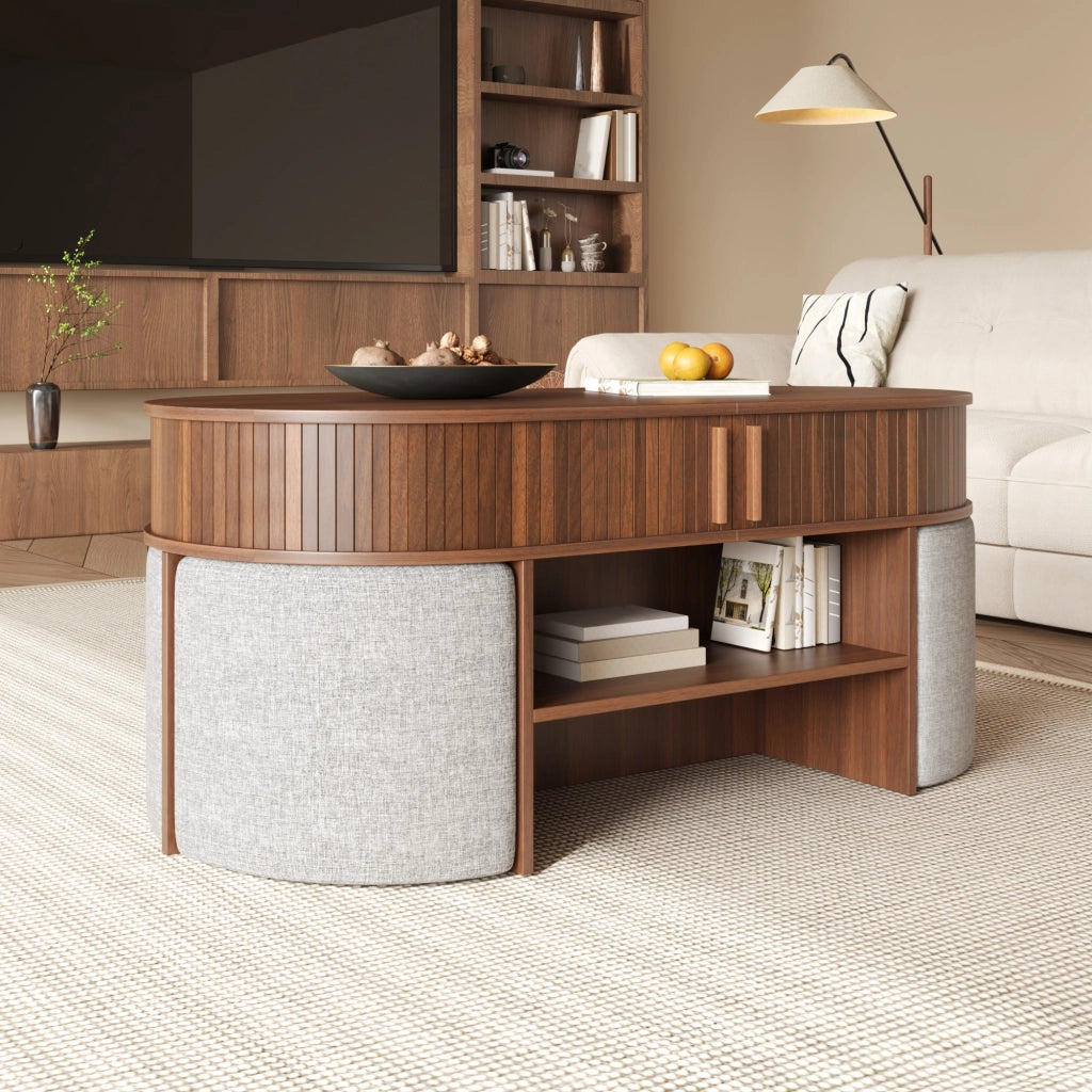 Tavolino da caff猫 ovale con contenitore e sgabelli; noce; 120x60 cm