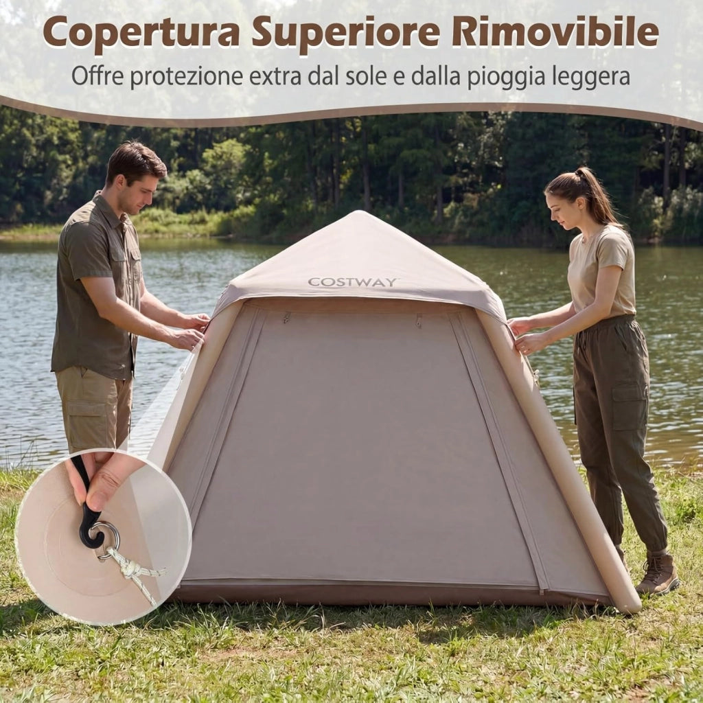 Tenda da Campeggio Gonfiabile, Tenda da Esterno Impermeabile per 2-4 Persone con 2 Porte e Finestre in Rete, Copertura Rimovibile, Pompa ad Aria e Borsa da Trasporto, per Viaggi e Escursionie