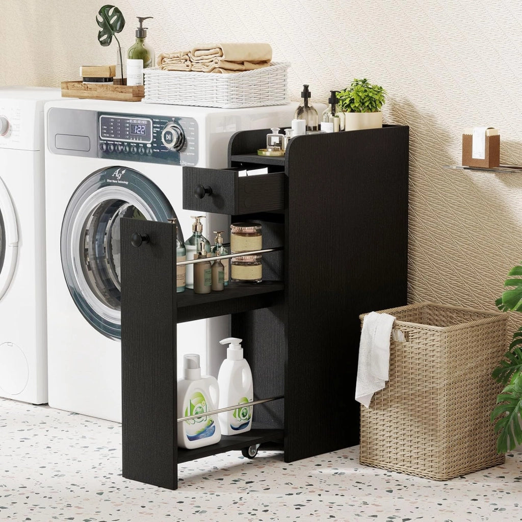 Mobile da Bagno Piccolo, Mobiletto Salvaspazio Stretto con 2 Cassetti e 2 Ruote Girevoli, Credenza Sottile da Terra Autoportante per Bagno, Cucina e Ufficio, 40 x 18 x 70 cm (Nero)