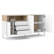Credenza Julie, Buffet da soggiorno, Madia da salotto, Dispensa da cucina, 176x48 h90 cm, Bianco e Quercia