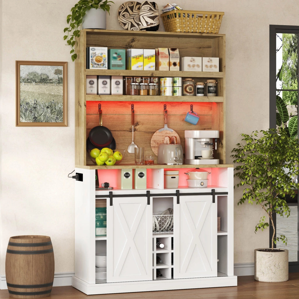 Credenza alta da cucina con LED e prese USB, per cucina e sala da pranzo, in MDF, bianco naturale, 110 × 40 × 191 cm