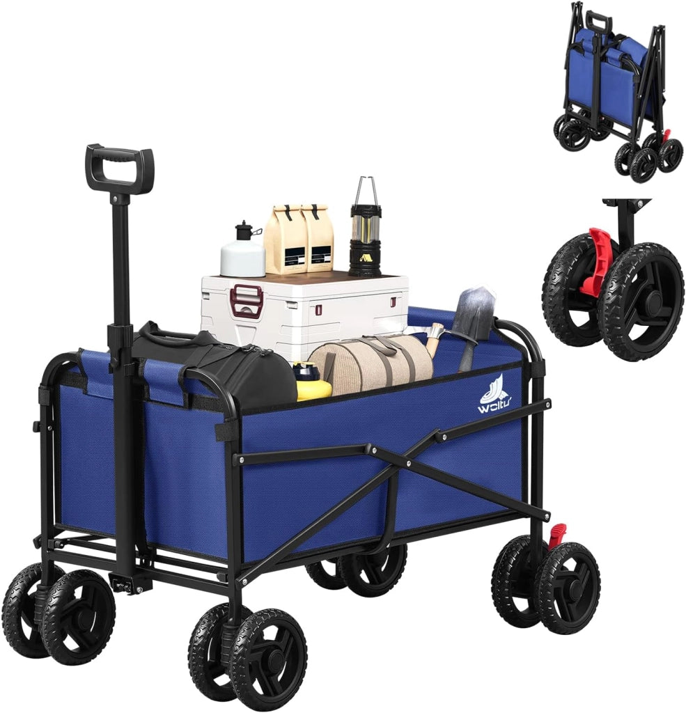 Carrello Pieghevole con 4 Ruote Doppie, Campeggio, Viaggio, Giardino, Spiaggia, Oxford+Metallo, Blu