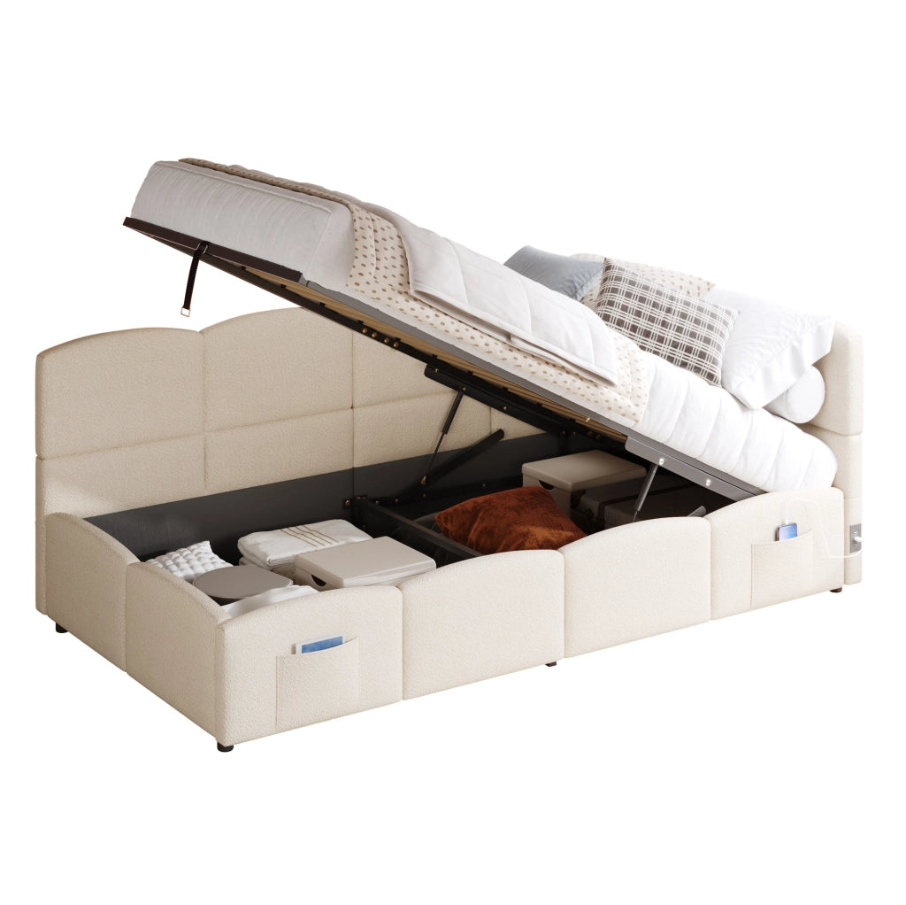 Divano letto 90x200 cm beige in bouclé con vano contenitore