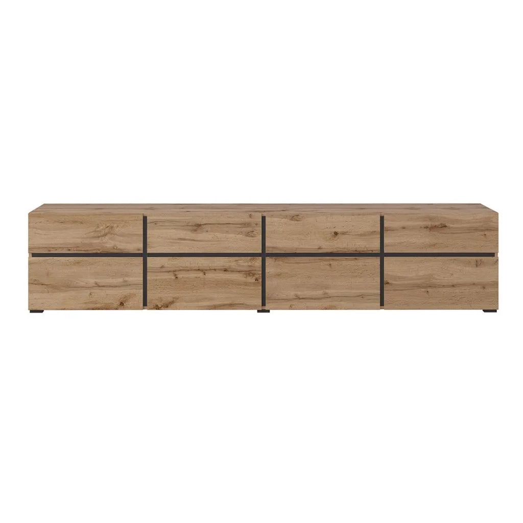 Mobile TV XL colore quercia e nero 225cm collezione HAVANA. Mobile design con 4 porte e 4 cassetti.