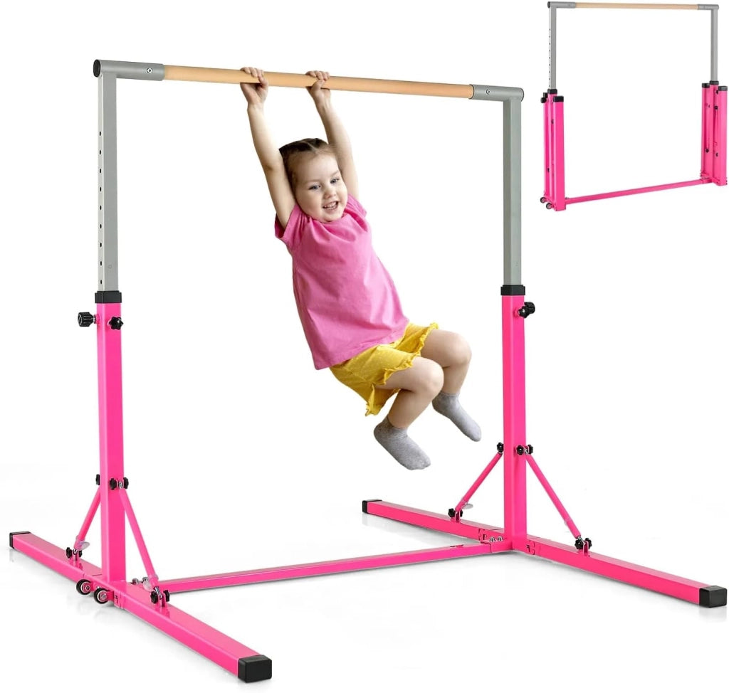 KOMFOTTEU Barra da ginnastica per bambini, barra orizzontale con altezza regolabile a 13 livelli, barra da allenamento in metallo e legno, attrezzatura da palestra con carico di 100 kg