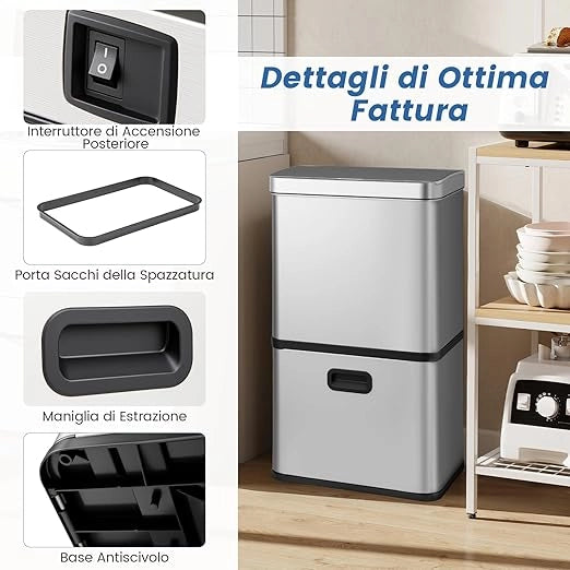 56L Pattumiera in Acciaio Inossidabile, Cestino della Spazzatura con Sensore di Movimento e 2 Contenitori Interni Rimovibili, Coperchio a Chiusura Lenta per Cucina Soggiorno Ufficio (Argento)