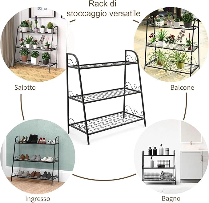 Scaffale Piante da Interno ed Esterno, Porta Fiori di Metallo a 3 Livelli con Piedini Regolabili, Porta Vasi per Giardino, Balcone e Soggiorno, 81 x 35 x 82 cm
