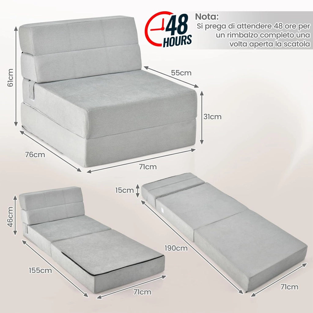 3 in 1 Divano Letto, Materasso da Pavimento 15 cm in Schiuma ad Alta Densità Traspirante, Letto Ospite Portatile per Soggiorno Camera (Grigio)