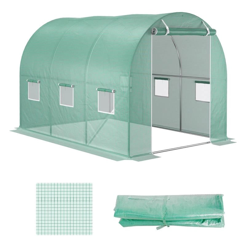 TELO PER SERRA IN PE CON 6 FINESTRE, PORTA AVVOLGIBILE E BORDI INTERRATI, 3X2X2 M, VERDE