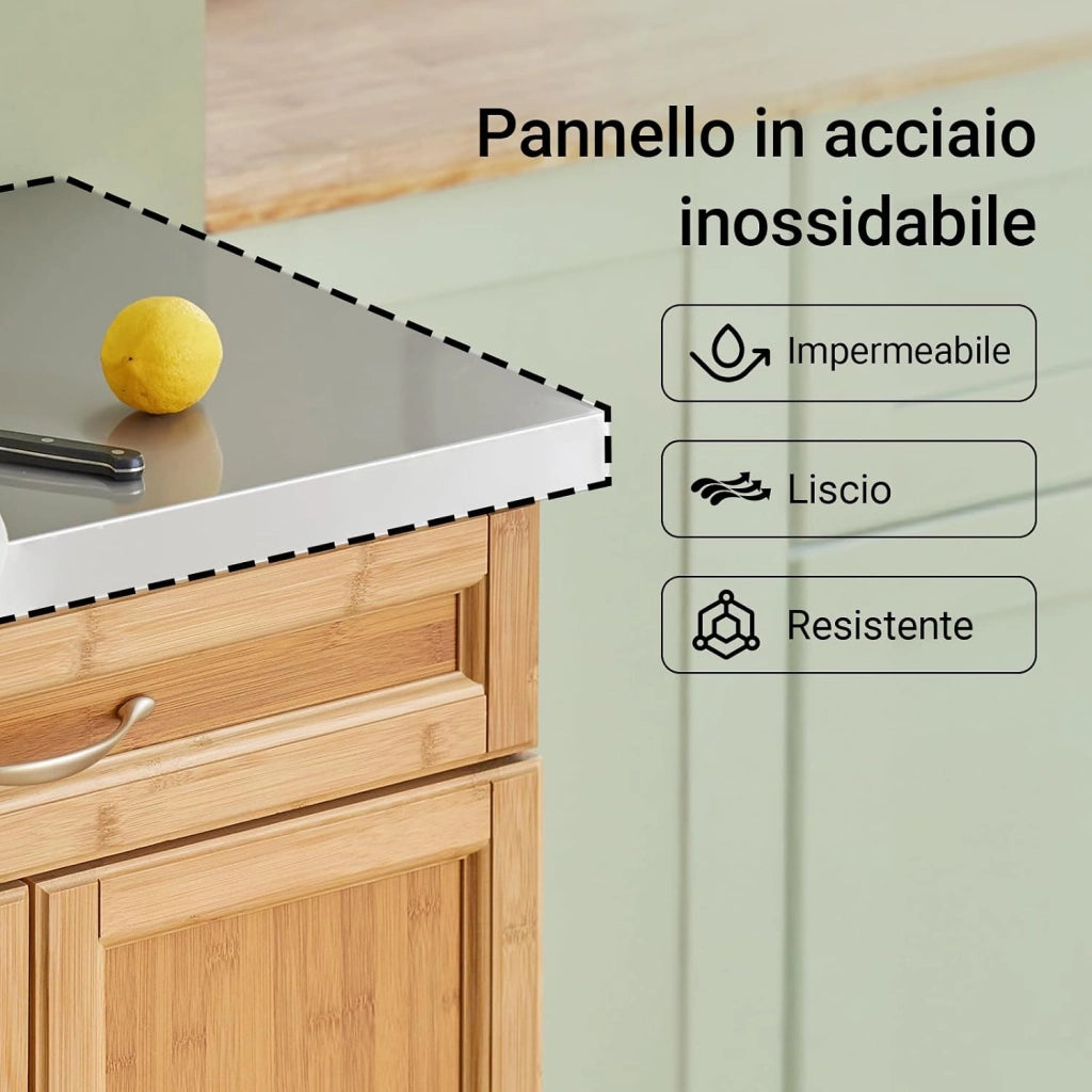 Carrello cucina con ruote, piano in acciaio inox, mobile cucina salvaspazio in bambù, isola cucina moderna – Ideale per cucina, sala da pranzo o ristorazione – 66x92x46 cm, FKW13-N