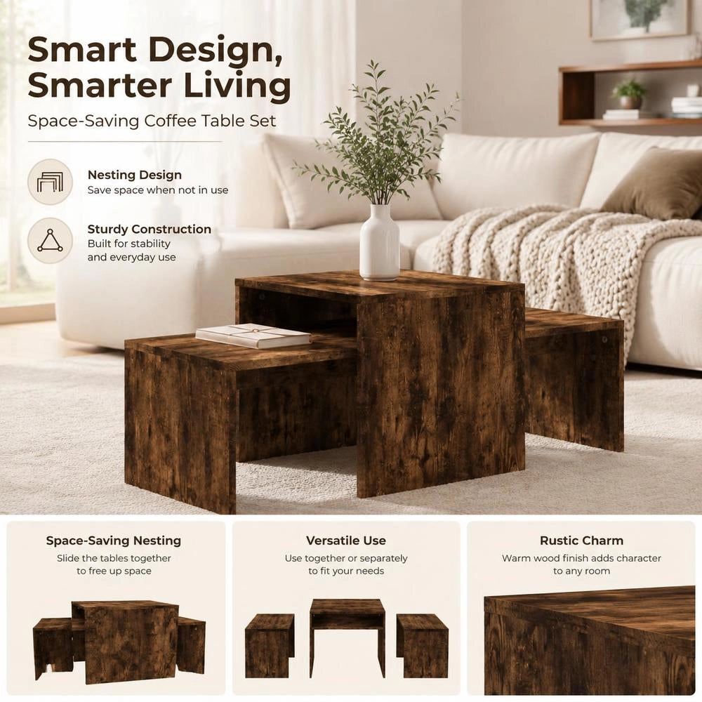Coffee Table Set Smoked Oak 100x48x40 Cm Wood Material
