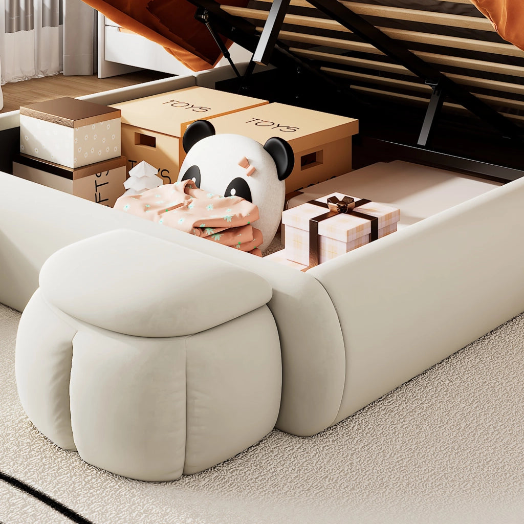 OKWISH Letto Contenitore 140×200 cm, Letto Matrimoniale con Orecchie da Coniglio, LED Regolabile e 2 Pouf Contenitore, senza Materasso, Velluto, Beige