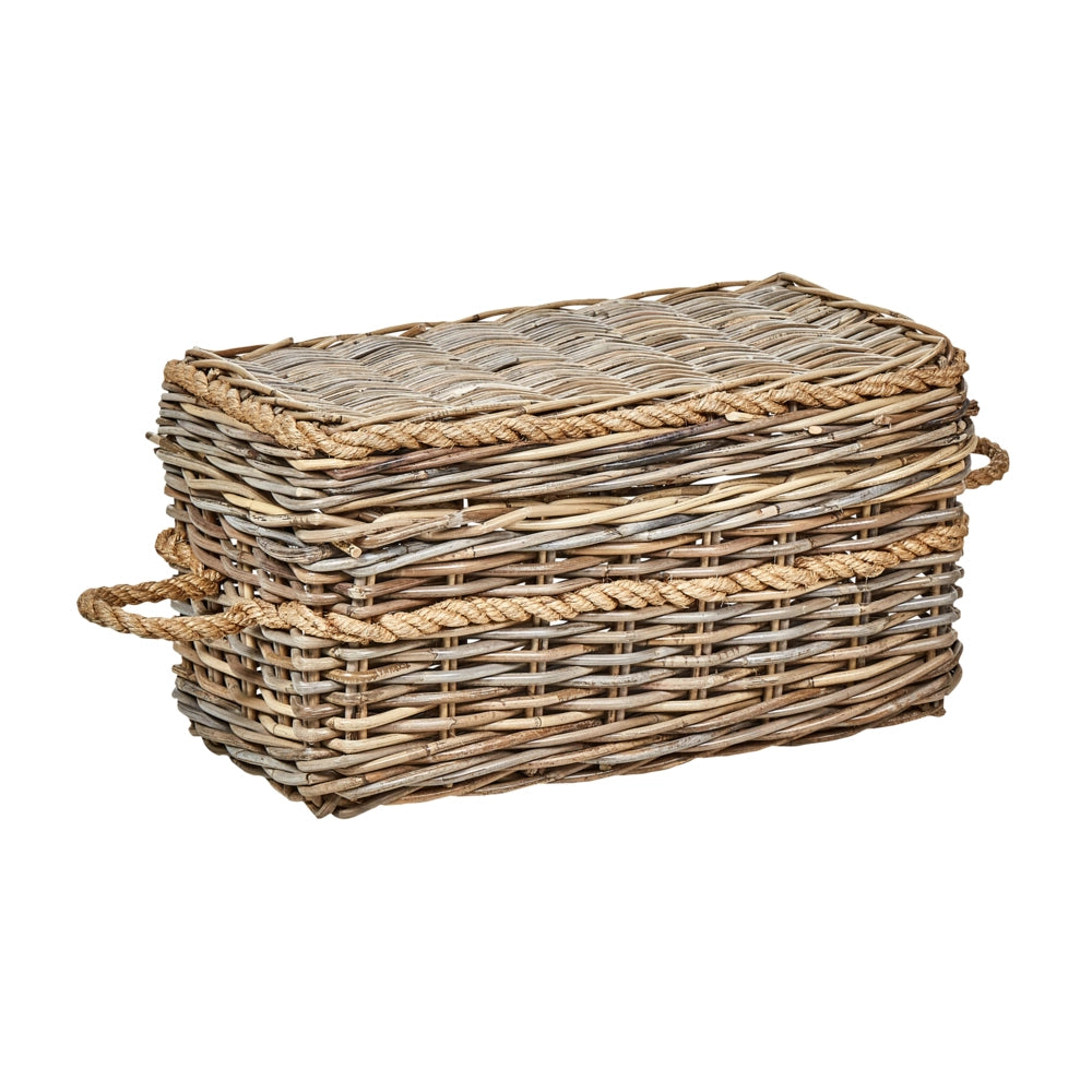 Set di 3 scatole in rattan con telaio in mogano, manici in corda e coperchi fatti a mano in stile boho soggiorno camera da letto