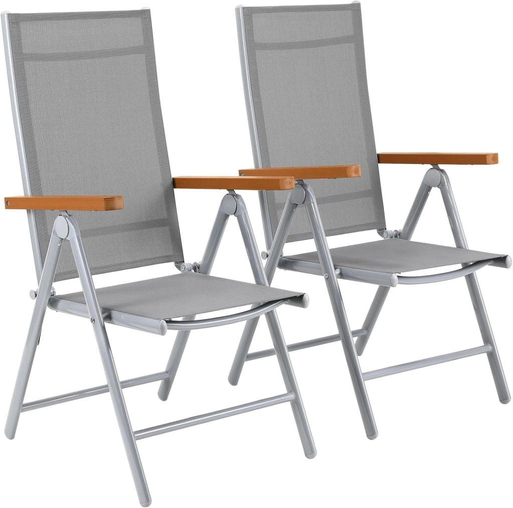 Set di 4 Poltrone da Giardino con Bracciolo Simil Legno, Pieghevole in Alluminio con Schienale Alto Regolabile in 7 Posizioni, per Balcone o Campeggio, Traspirante.