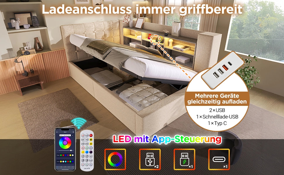 Letto singolo 90x190 cm in lino beige con LED, contenitore idraulico, testiera a L reversibile e USB