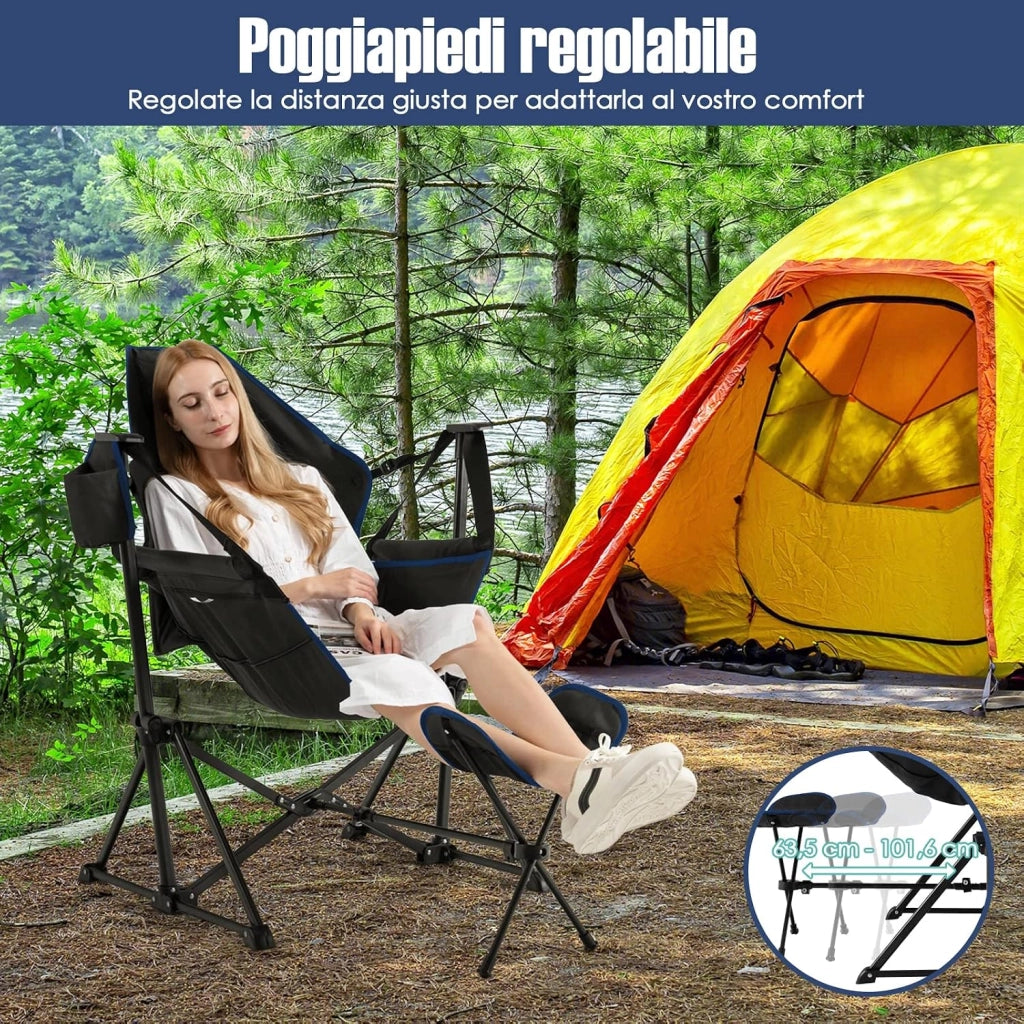 Sedia a Dondolo da Esterno Portatile, Sedia da Campeggio Pieghevole con Poggiapiedi Retrattile e Borsa da Trasporto, Ideale per Campeggio, Pesca e Picnic, Portata 150 kg (Nero)