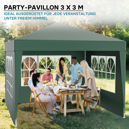 Gazebo 3 x 3 m in verde con protezione UV 50+, tendone da giardino con pareti laterali rimovibili, tenda da festa con finestre, ad esempio per terrazze e festival