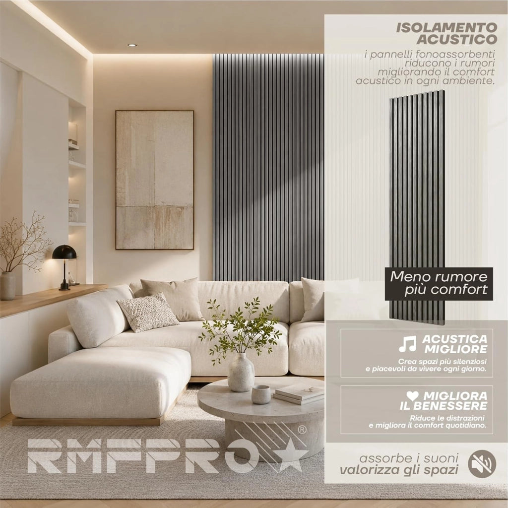 RMF PRO 1 Pannello Decorativo Parete Legno Fonoassorbente Rovere Nero 240x60 cm (1,44 m²) – Singolo Rivestimento Acustico a Listelli MDF per Soggiorno, Studio e Ufficio